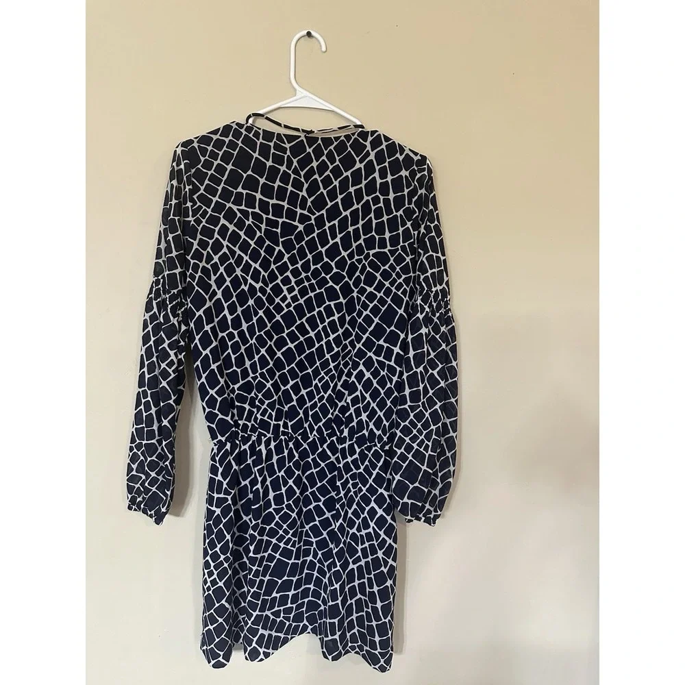 Women's Michael Kors‎ Navy White Geometric Long Sleeve Tie Wrap Dress Size S